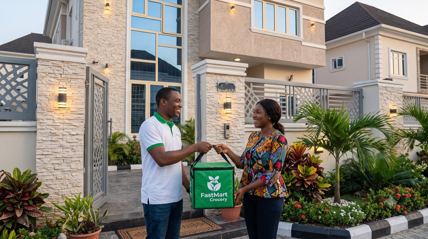 A FastMart rider in a green-and-white polo handing a green FastMart Grocery delivery bag to a smiling customer at her front gate.