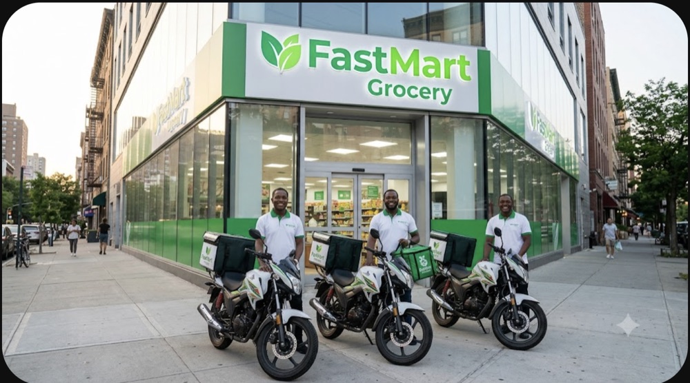 FastMart delivery riders with their bikes outside a FastMart Grocery store.