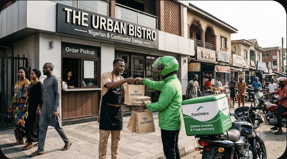 A shopkeeper handing packed orders to a FastMart rider outside their store.