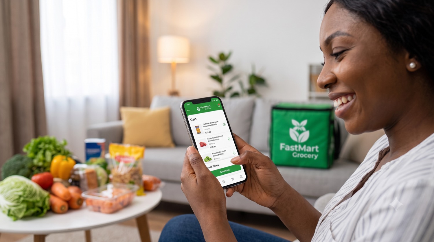 A customer checking out on the FastMart Grocery app at home, with fresh vegetables and a green FastMart delivery bag beside her.